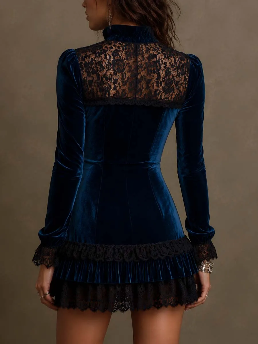 Gothic Navy Velvet Black Lace Yoke & Cuff Ruffle Hem Stand Collar Front Button Bodycon Mini Dress