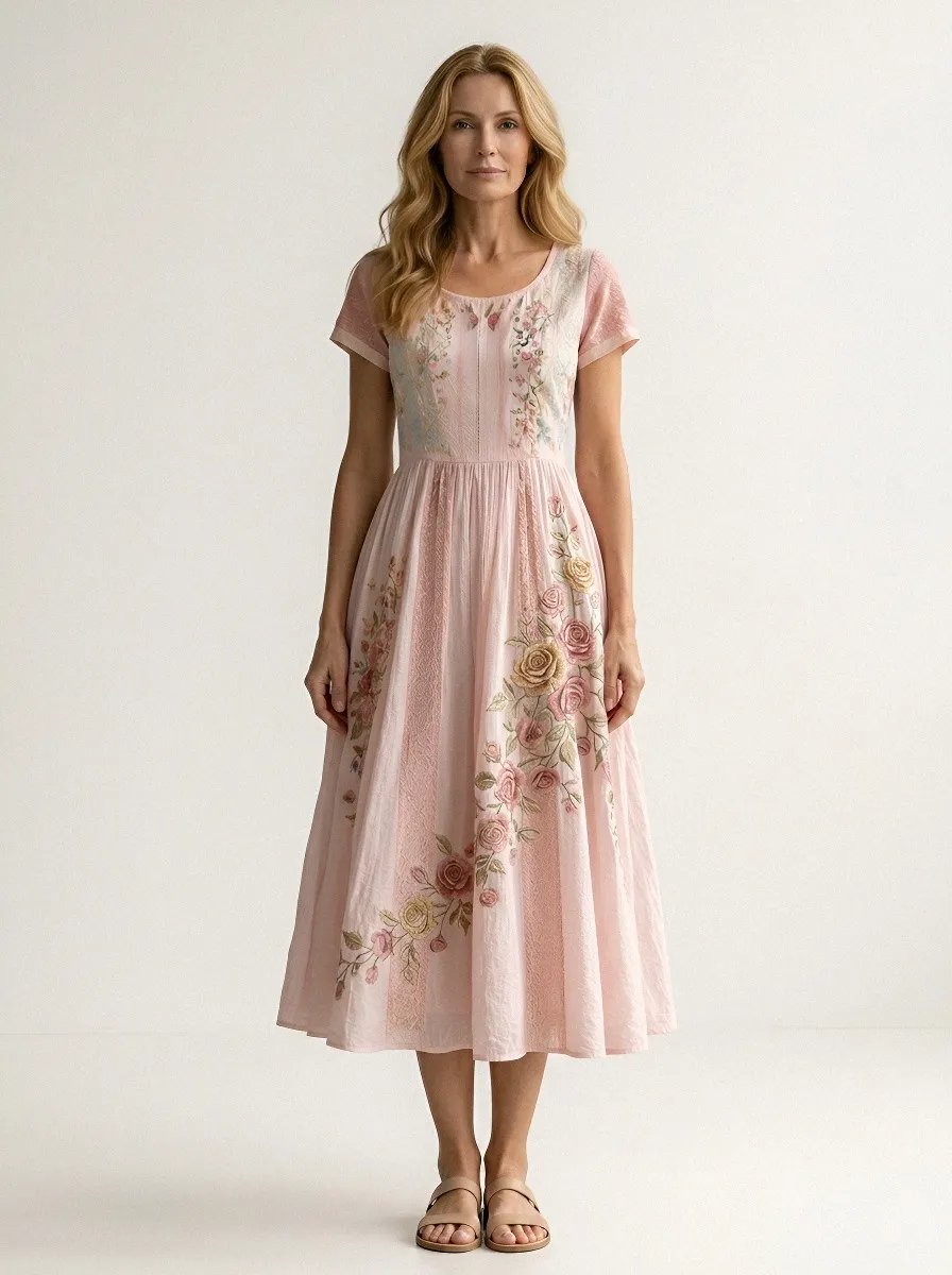 Women's Breast Cancer Awareness Rose Floral Embroidered Printed Dress