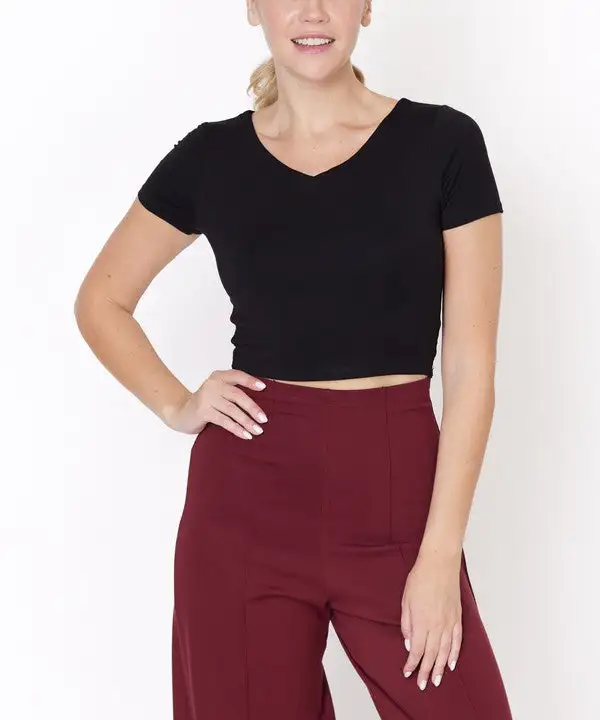 Bamboo Double Front V Neck Crop Tee