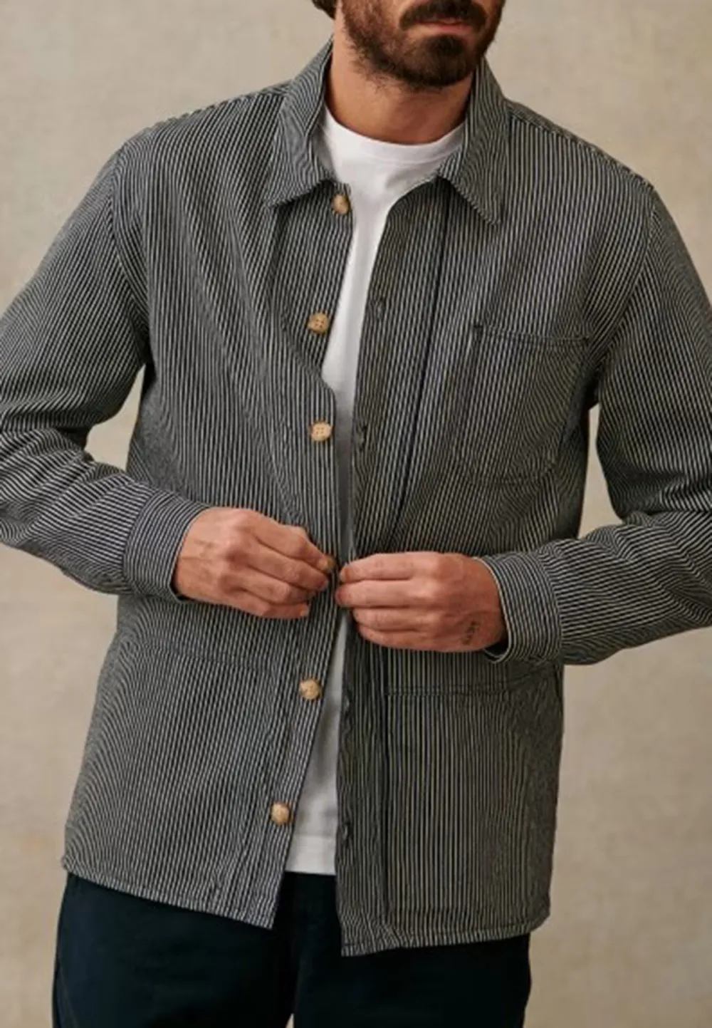 Grey Stripe Cotton Blend Casual Chore Jacket