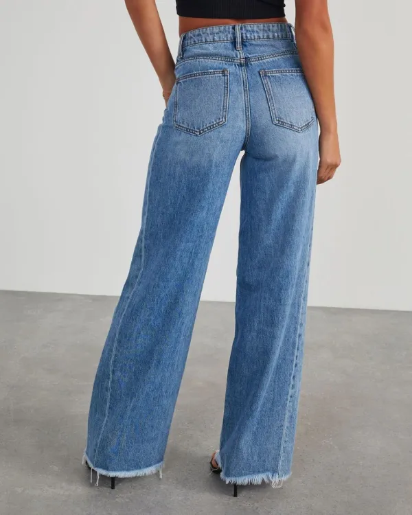 Loose Wide-Leg Raw-Hem Jeans