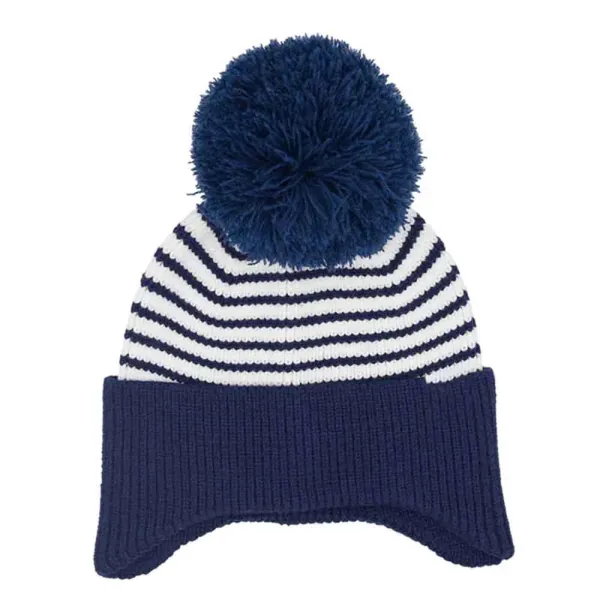 Stripe Earflap Yarn Pom Beanie
