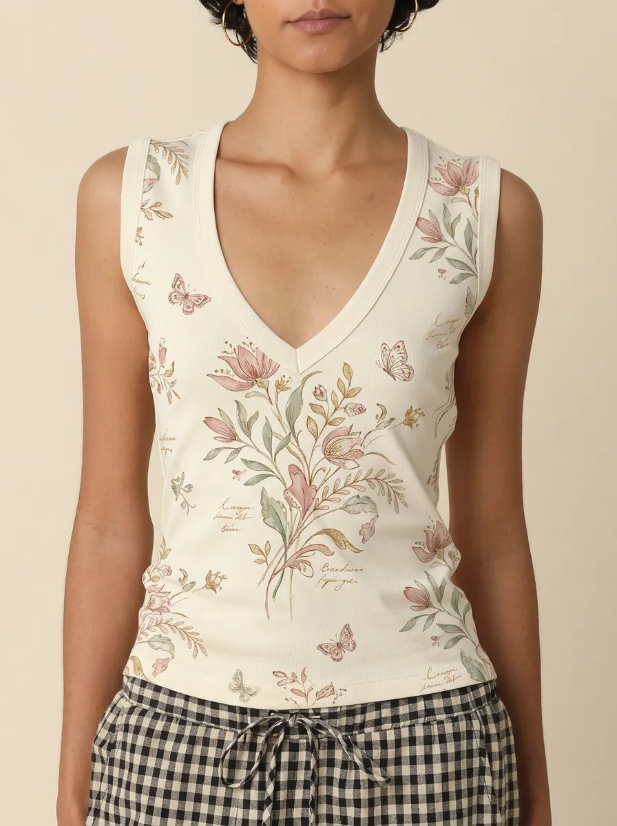 Women's Floral Butterfly Botanical Printed V-neck Tank Top
