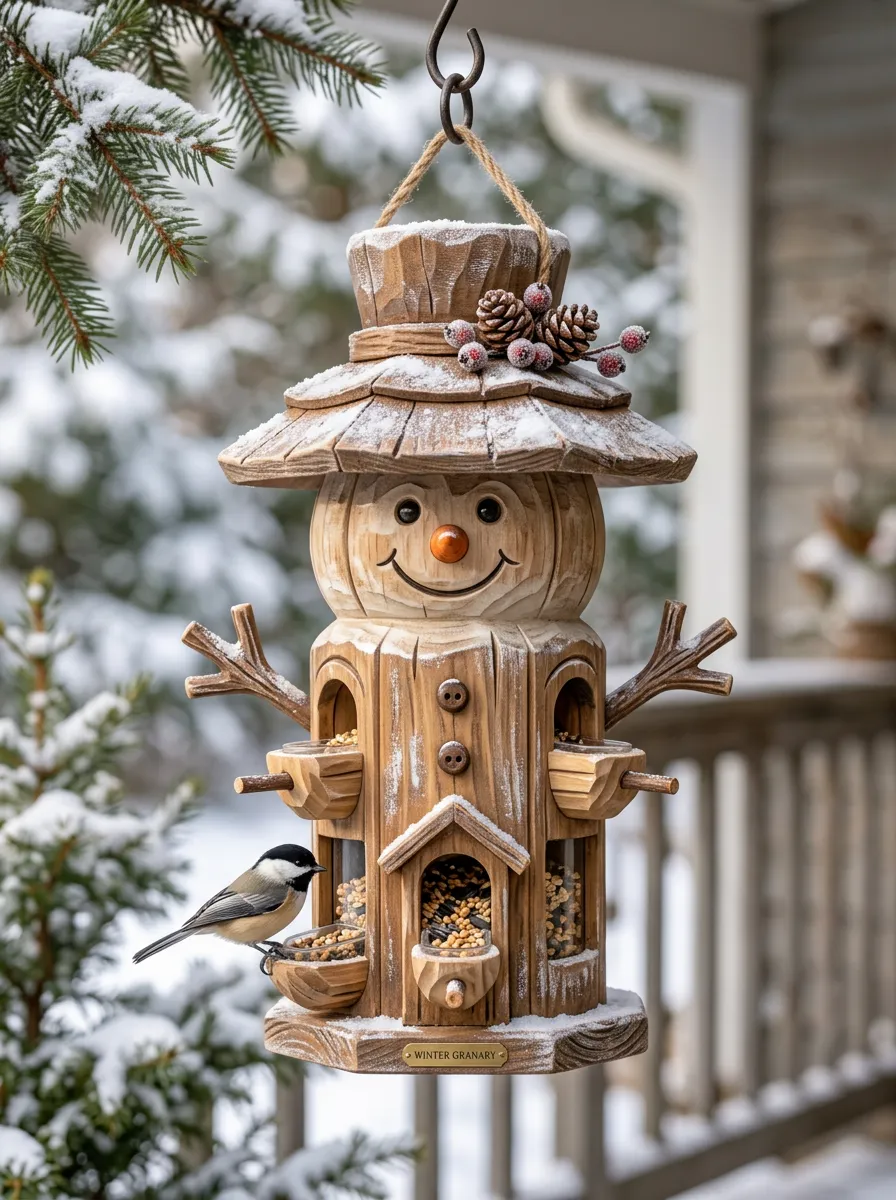 Snowman Carved Wood Christmas Bird Feeder