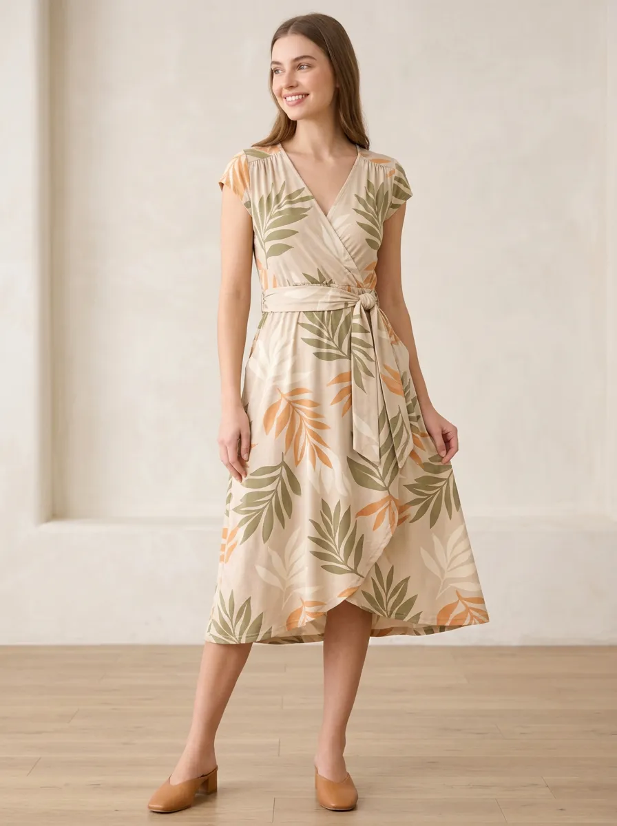 Women's Tropical Botanical Leaf Cap-Sleeve Wrap Dress