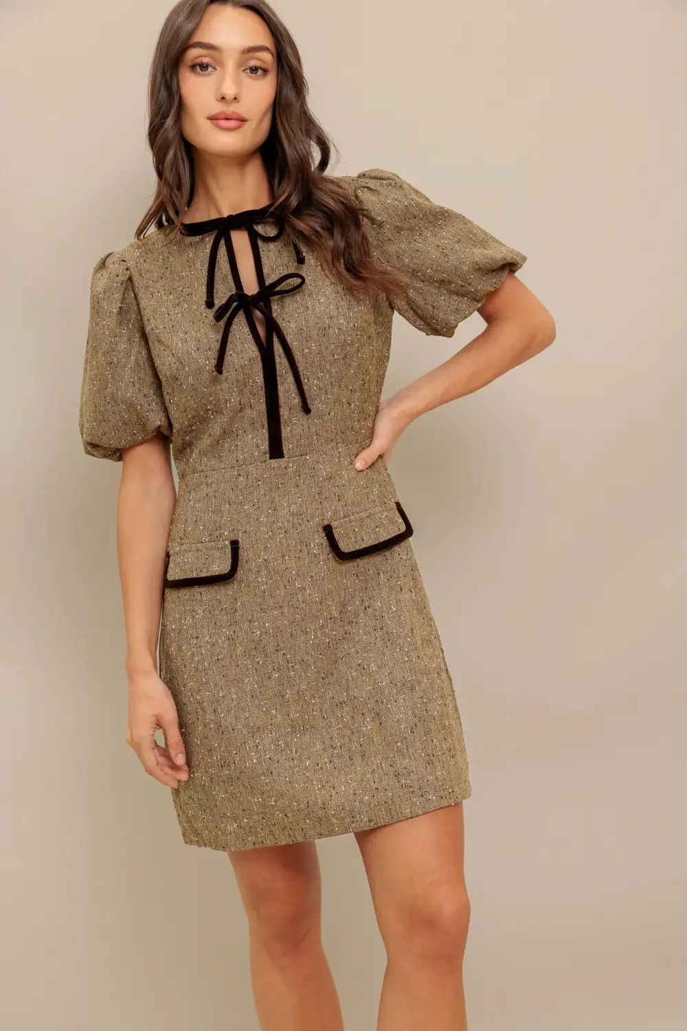 Puff-Sleeve Tweed Mini Dress