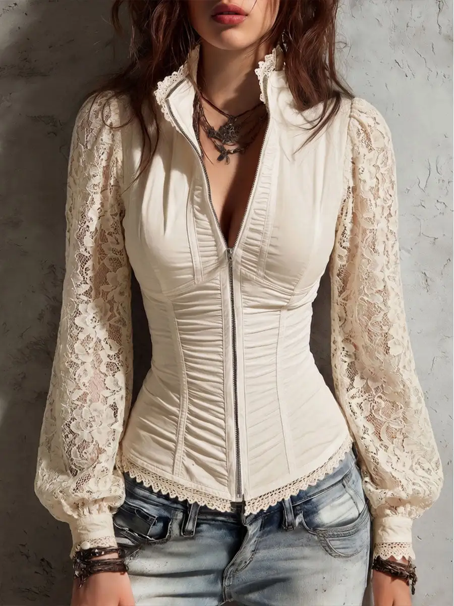 Boho Lace Sleeve Zip-Up Ruched Blouse With Stand Collar