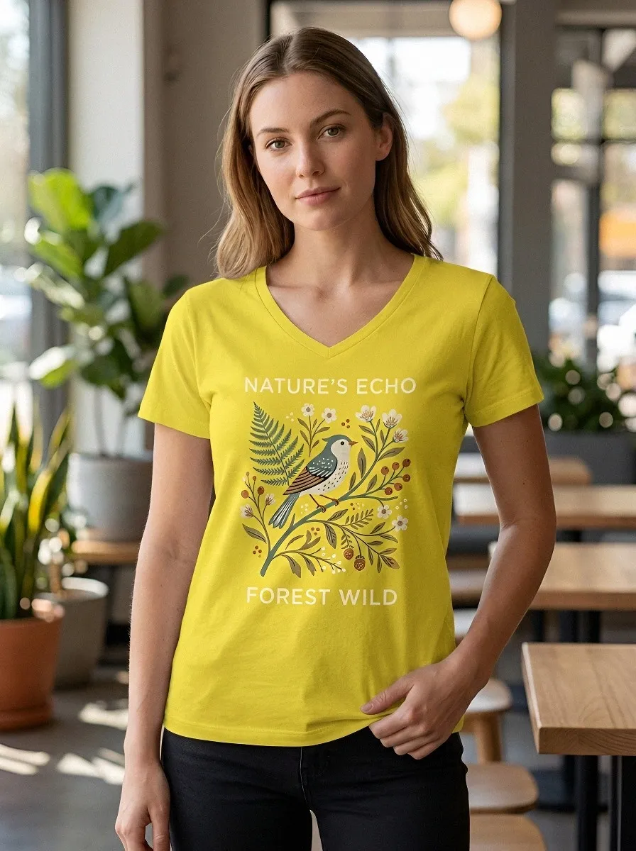 Women's Nature Lover Bird Fern Floral Printed V-neck T-shirt