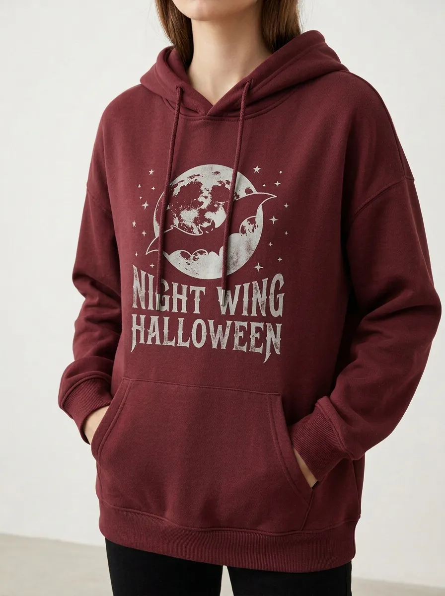 Women's Halloween Night Wing Moon Bat Printed Hoodie