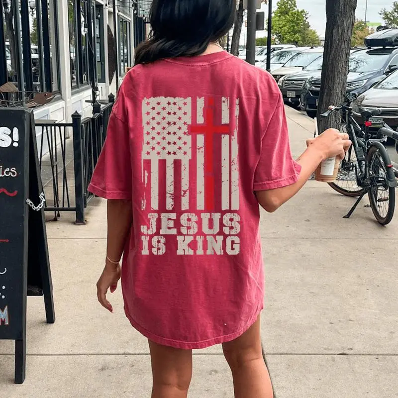Jesus Is King Christ Lord Patriotic Christian American Flag Women's Oversized Comfort T-Shirt Back Print