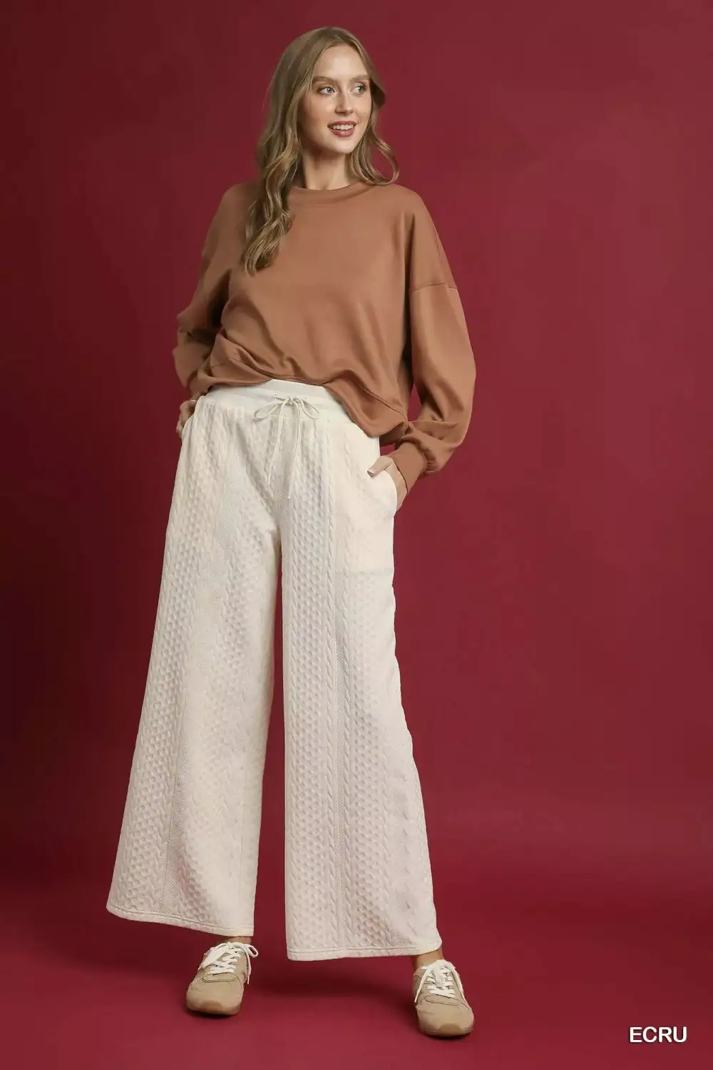 Wide Leg Textured Knit Loose Fit Pants