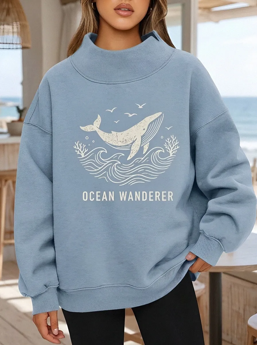 Women's Ocean Wanderer Whale Waves Printed Sweatshirt
