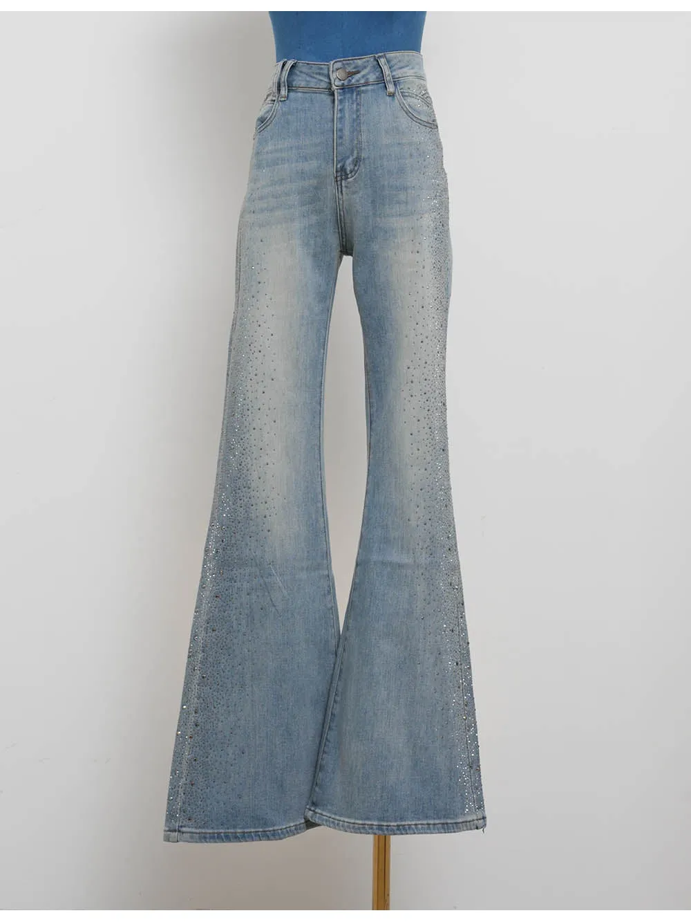 Rhinestone Stud Button Fly Flared Leg Denim Pants