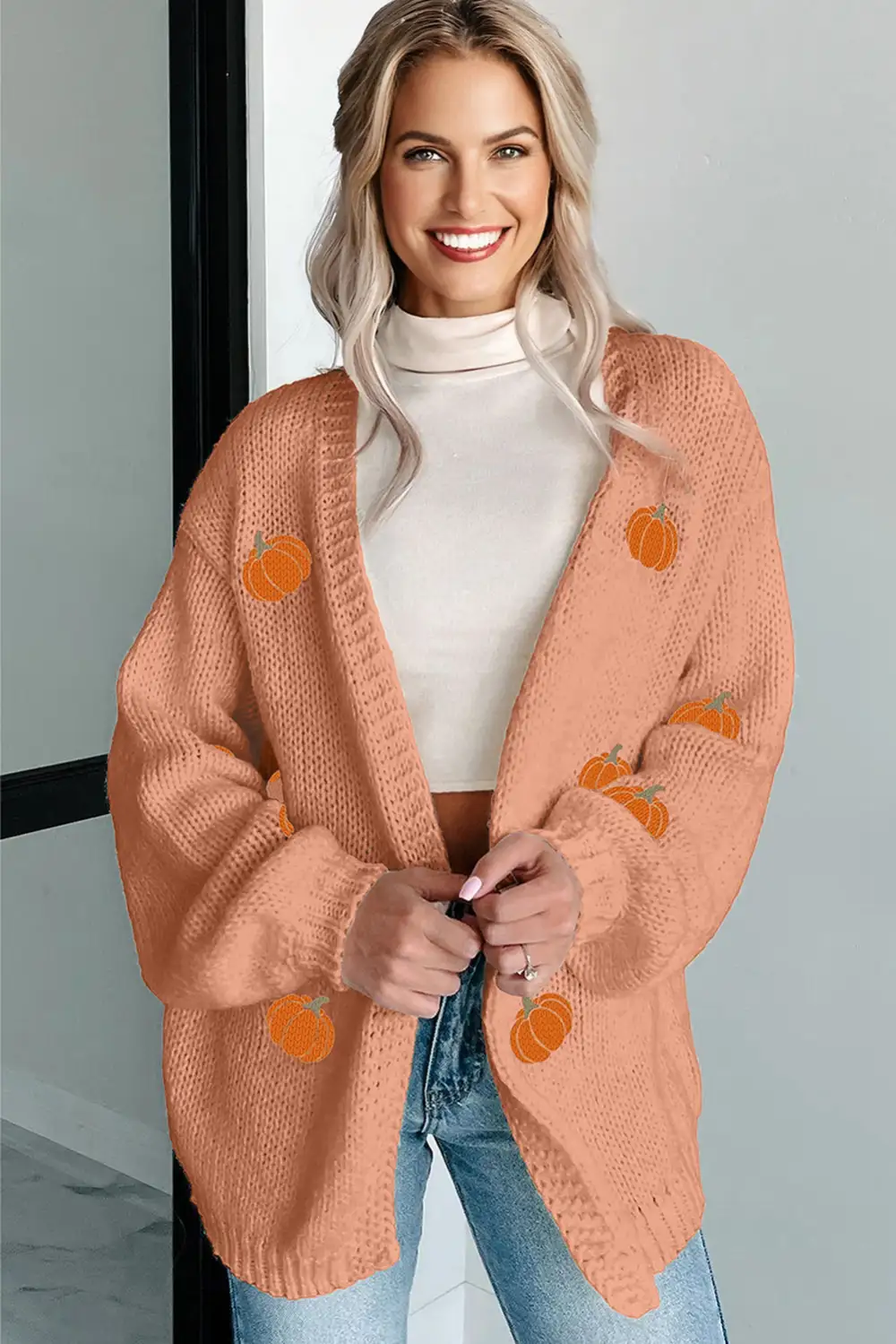 Pumpkin Tree Print Open Front Drop Shoulder Midi Cardigan