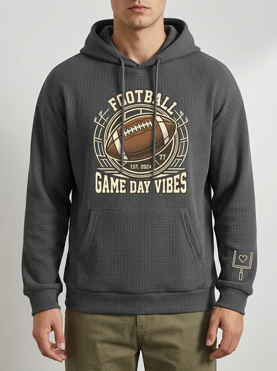 Men's Vintage-Inspired American Football Game Day Vibes Printed Waffle Hoodie