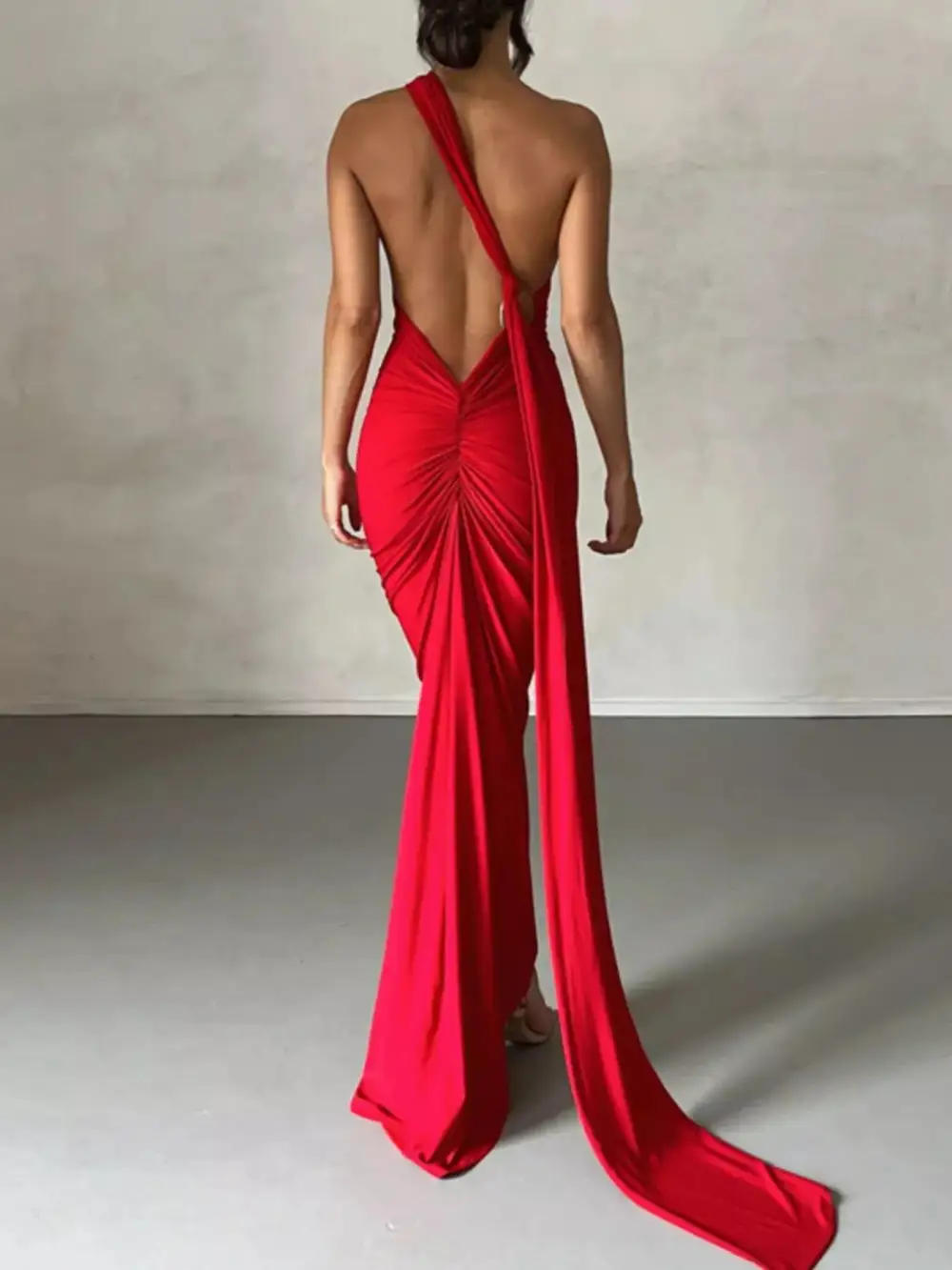 Backless One Shoulder Ruched Bodycon Maxi Dress