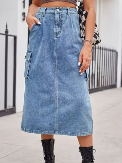 Relaxed Slit Buttoned Denim Pockets Skirt