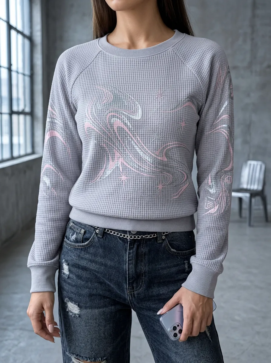 Women's Millennium Aesthetic Swirl Star Textured Waffle Knit Crewneck Sweatshirt