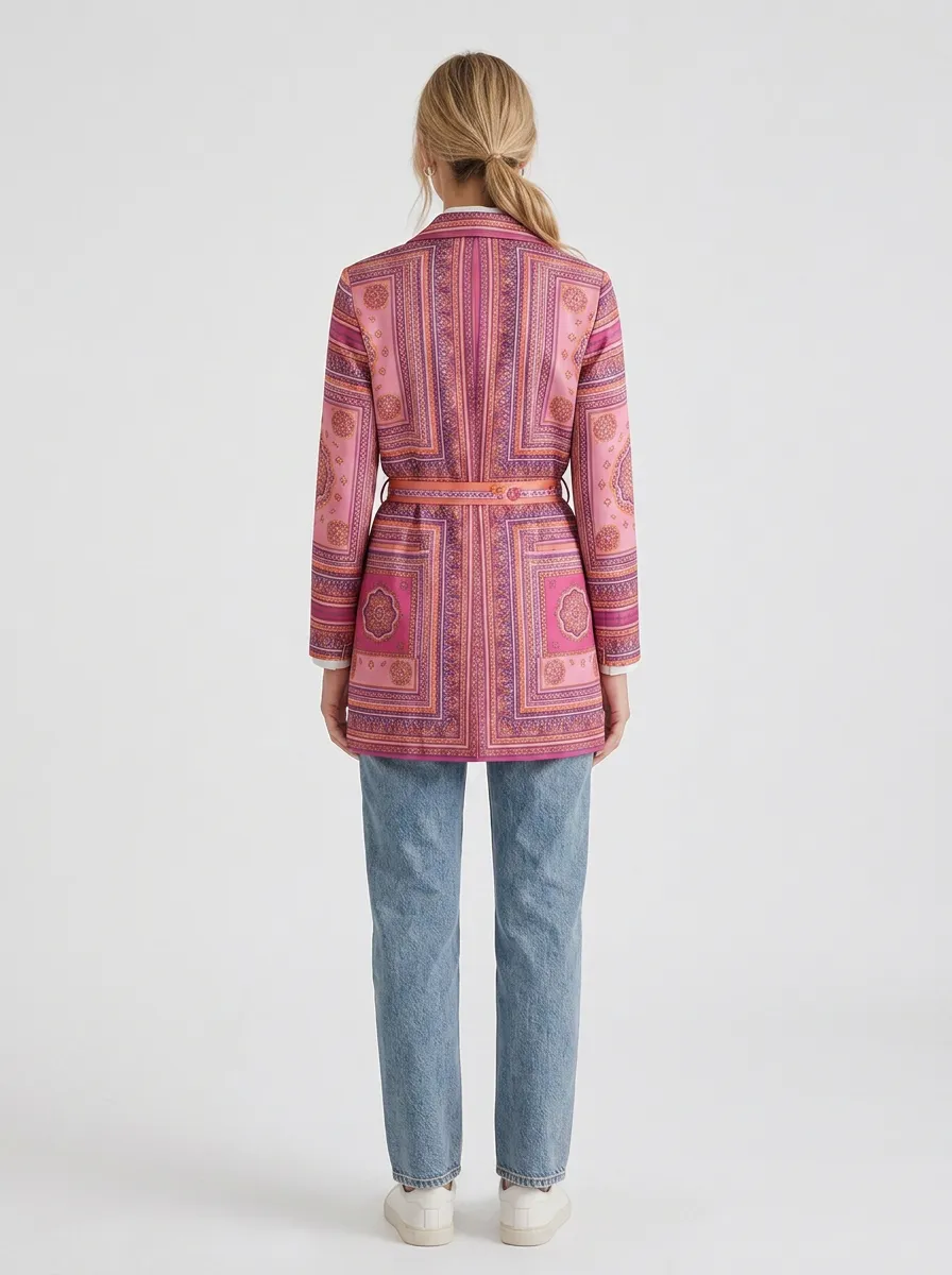 Women's Boho Paisley Geometric Printed Belted Blazer Jacket
