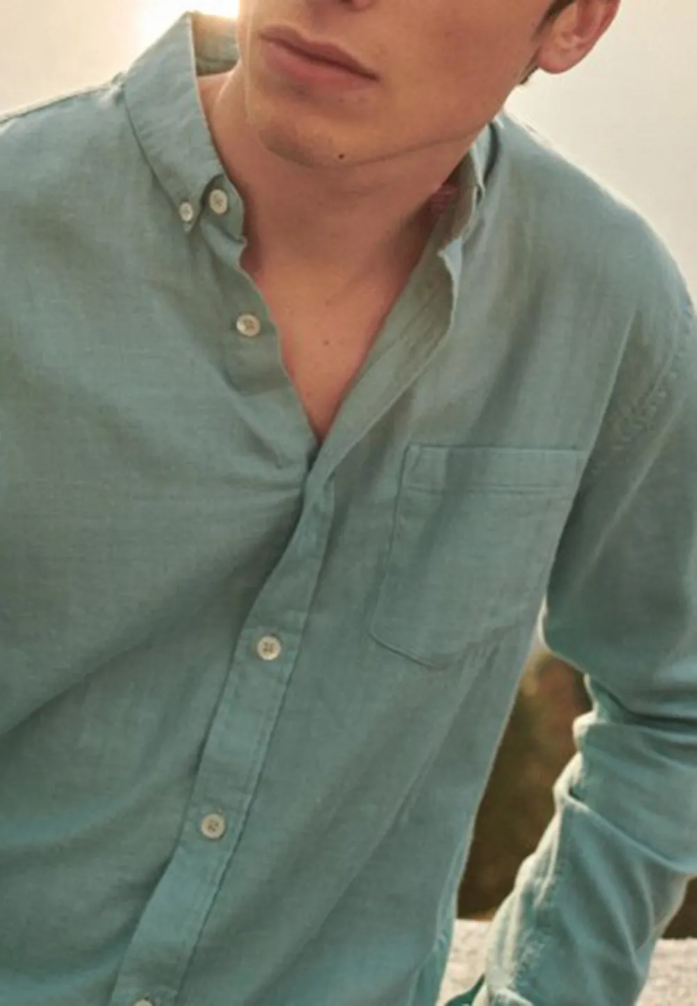 Teal Linen Blend Adjustable Cuff Button Down Shirt