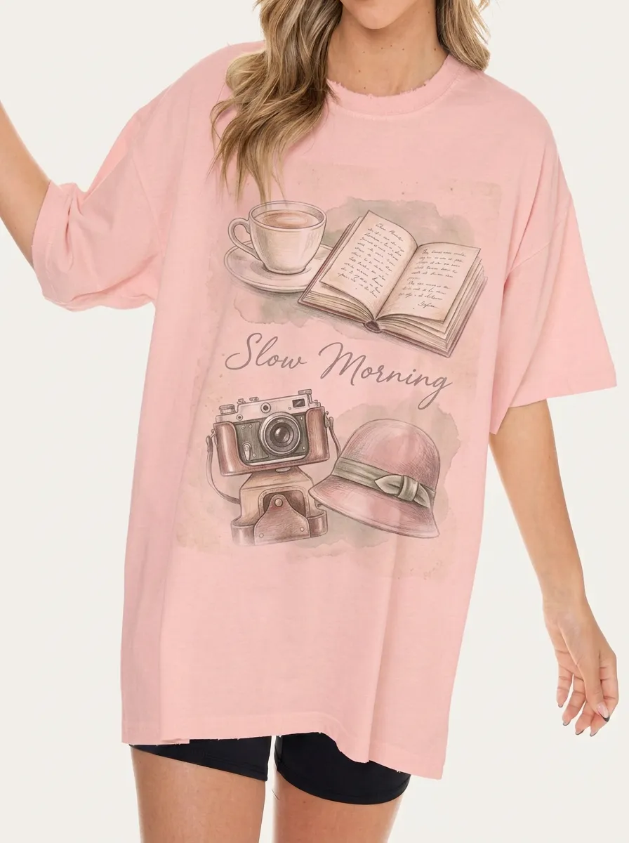 Women's Slow Morning Book Coffee Camera Printed T-shirt