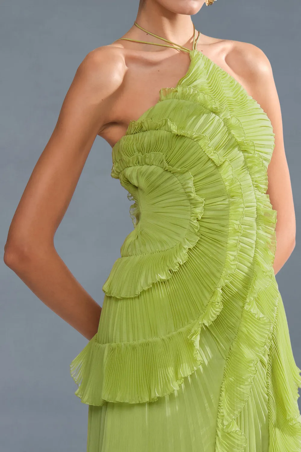 Pleated Frill Halter Neck Midi Dress