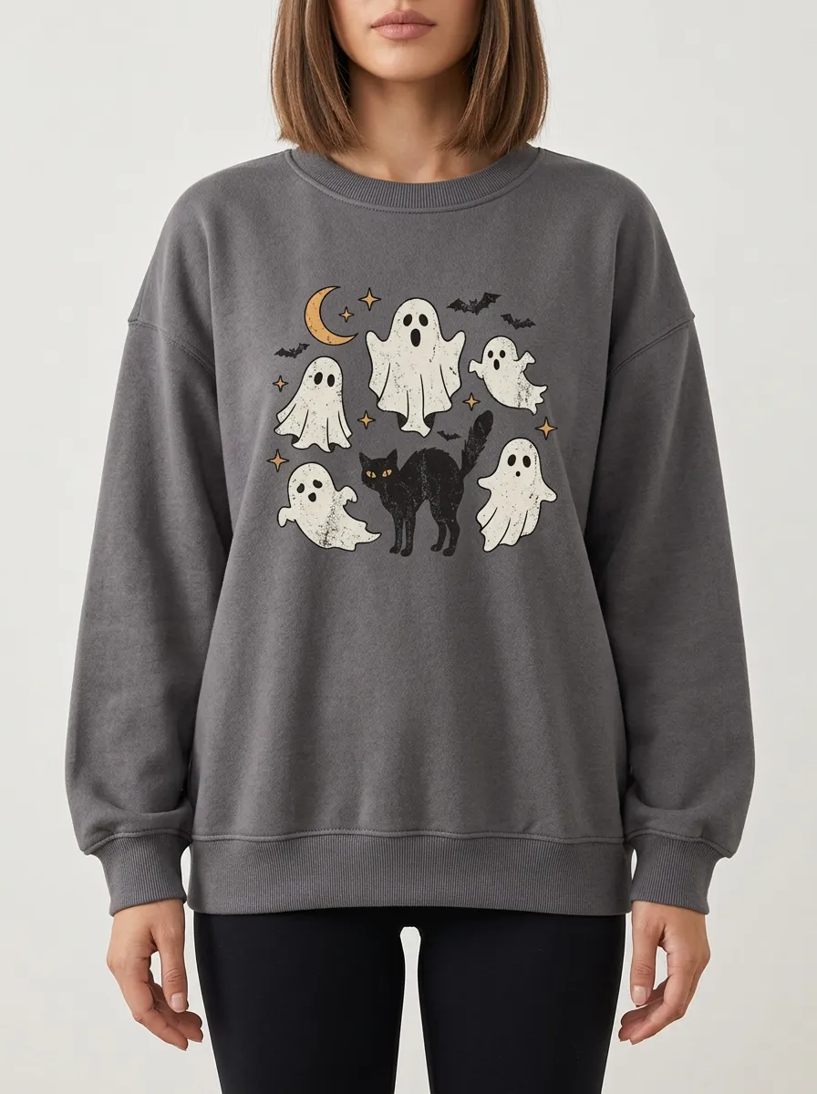 Women's Halloween Ghost Black Cat Moon Printed Sweatshirt