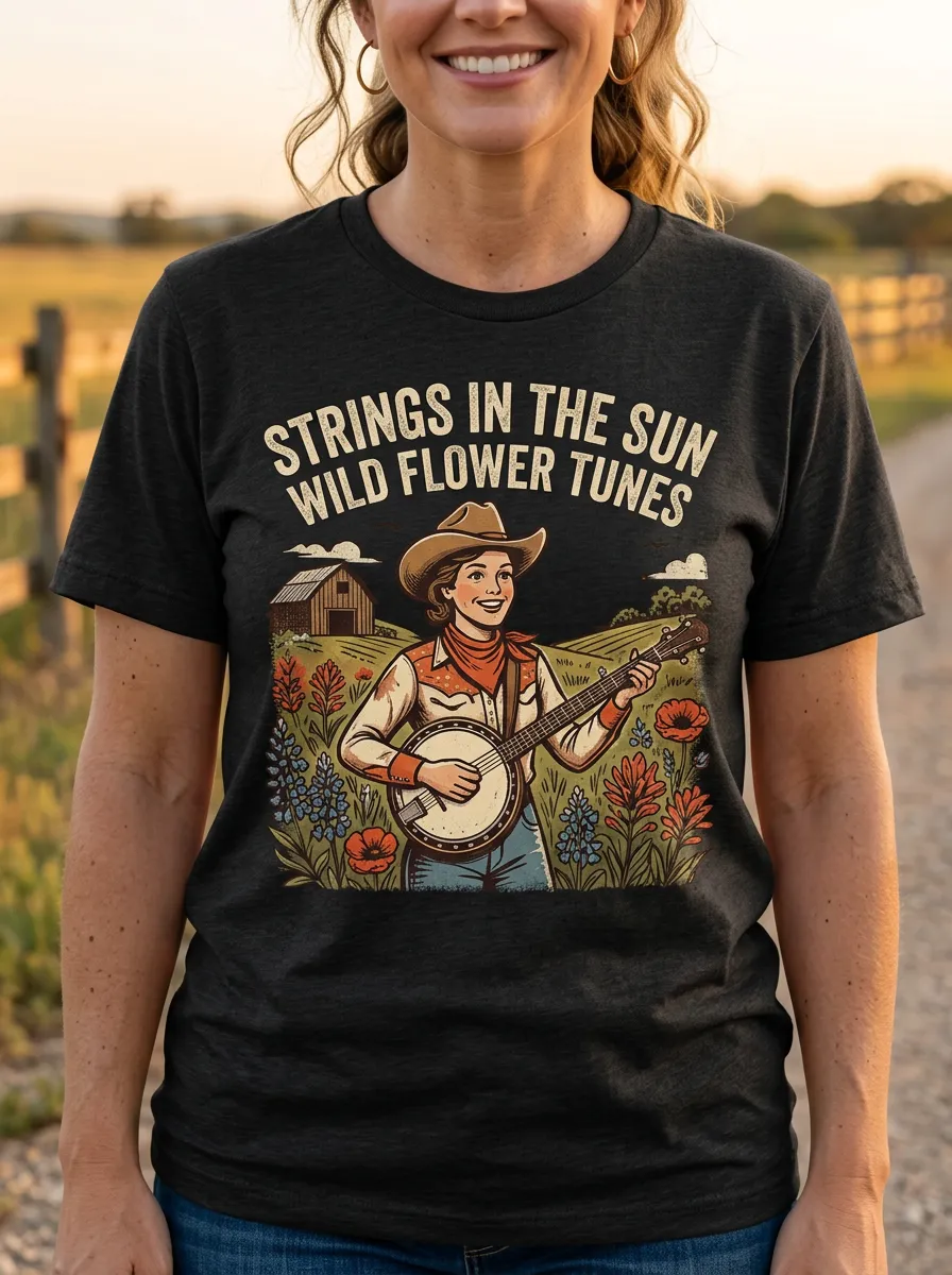 Acoustic Country Music Banjo Wildflower Crew Neck T-Shirt