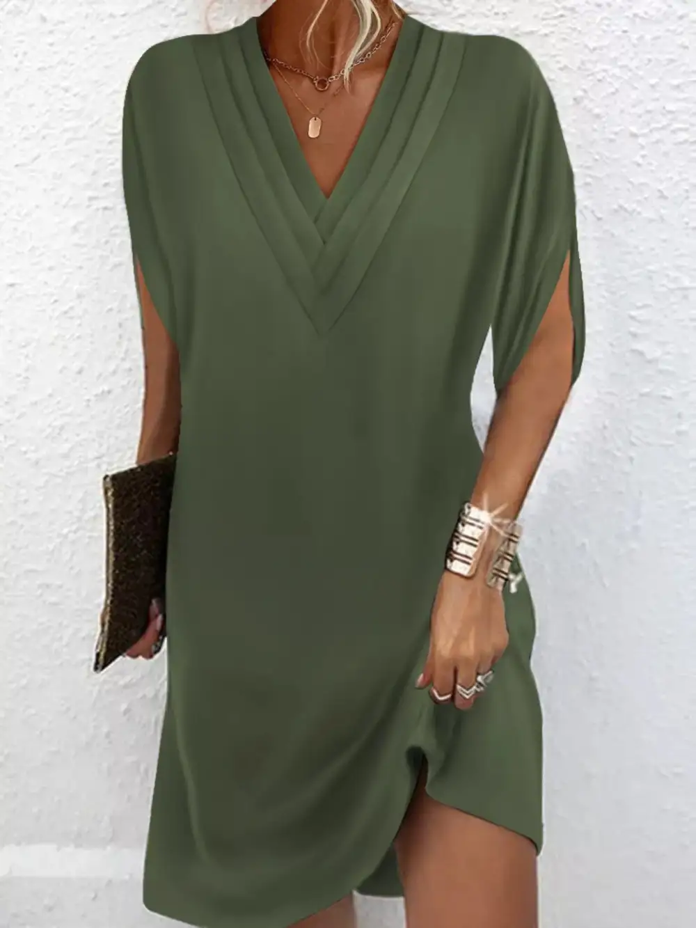 V Neck Slit Mini Dress