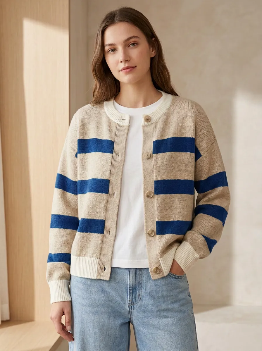 Embroidered Rugby Striped Knit Cardigan