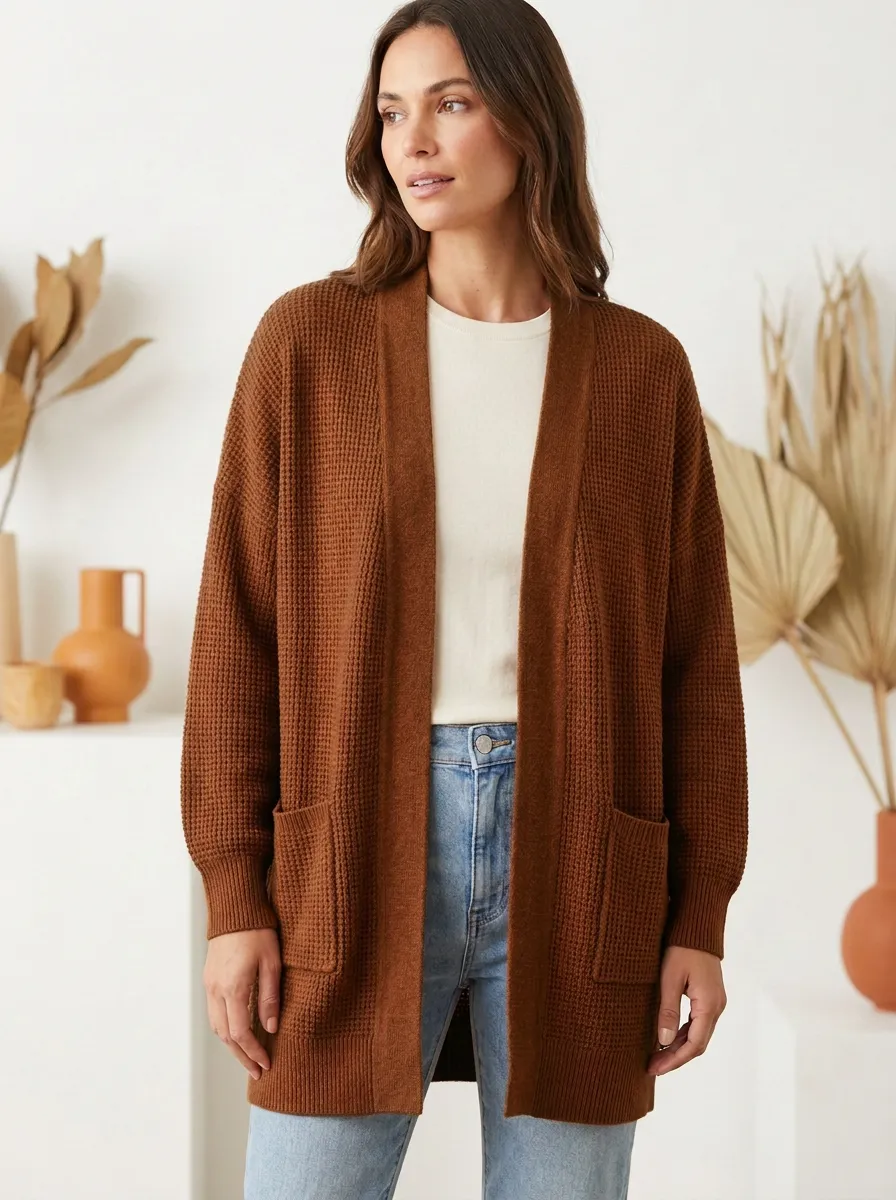 Transitional Waffle-Knit Knit Cardigan