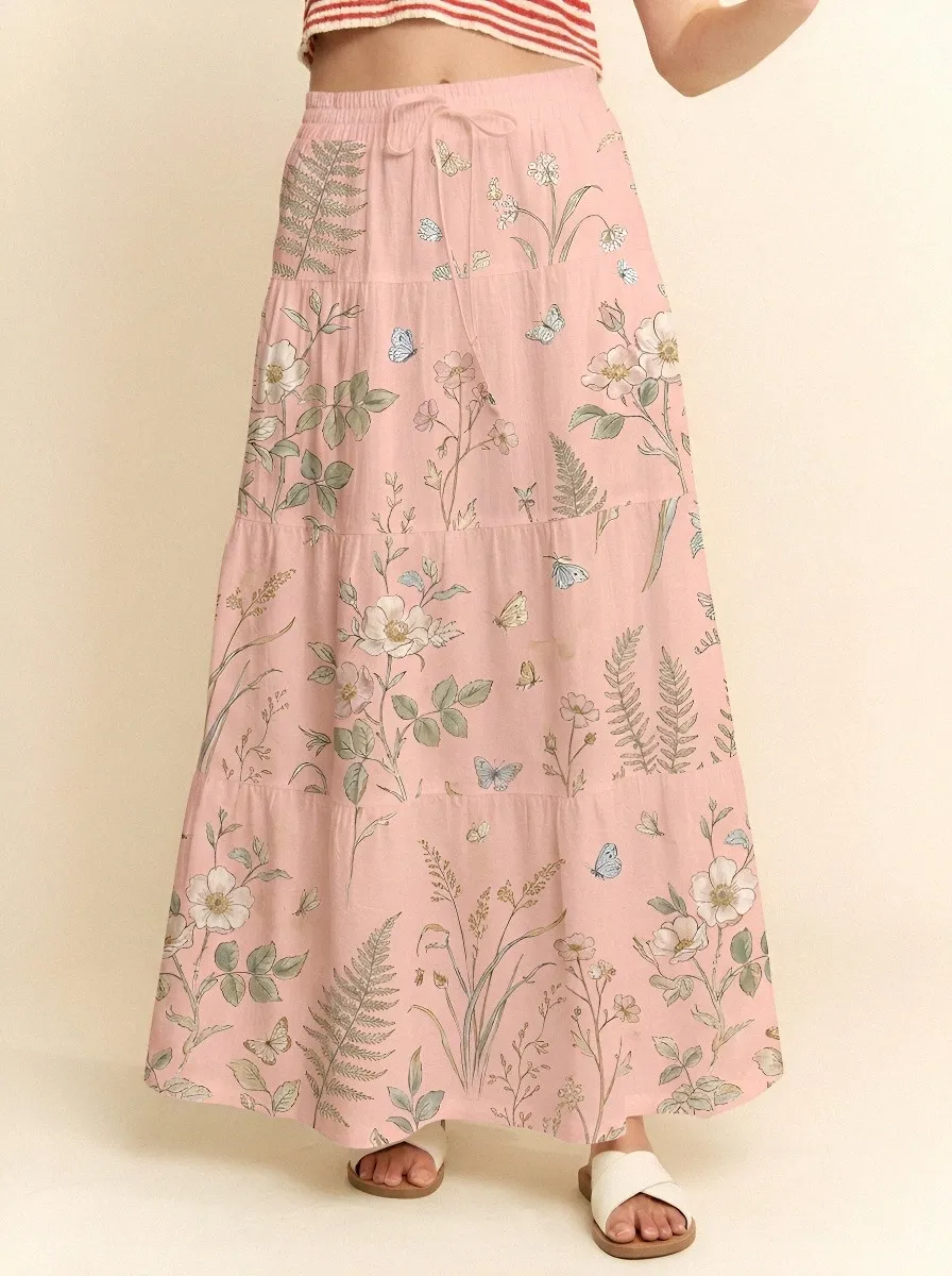 Women's Botanical Butterfly Floral Printed Tiered Maxi Skirt