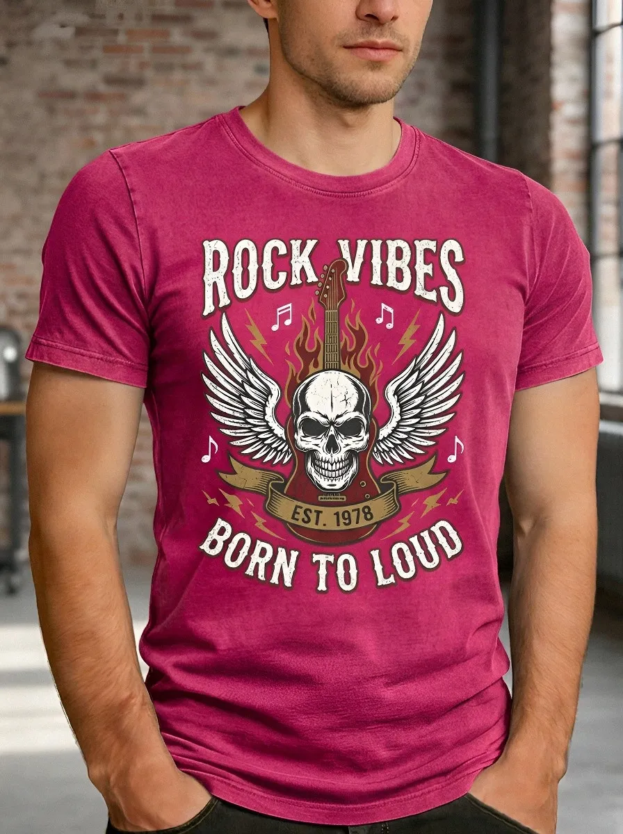 Men's Rock Music Lover Skull Guitar Wings Printed T-shirt