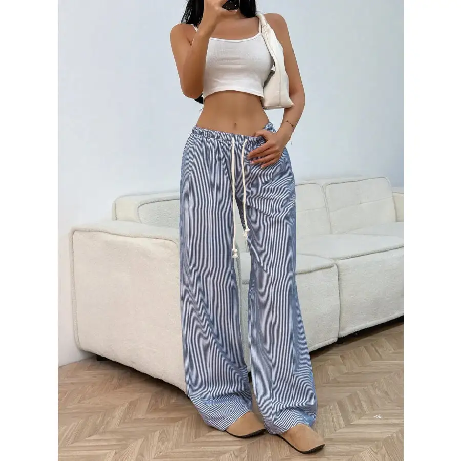 Drawstring Striped Wide Leg Pants