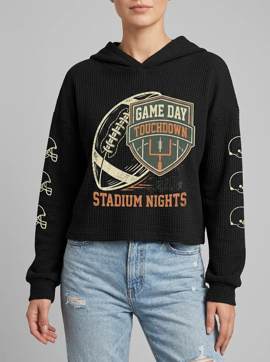 Women's Football Lover Game Day Touchdown Printed Waffle Hoodie