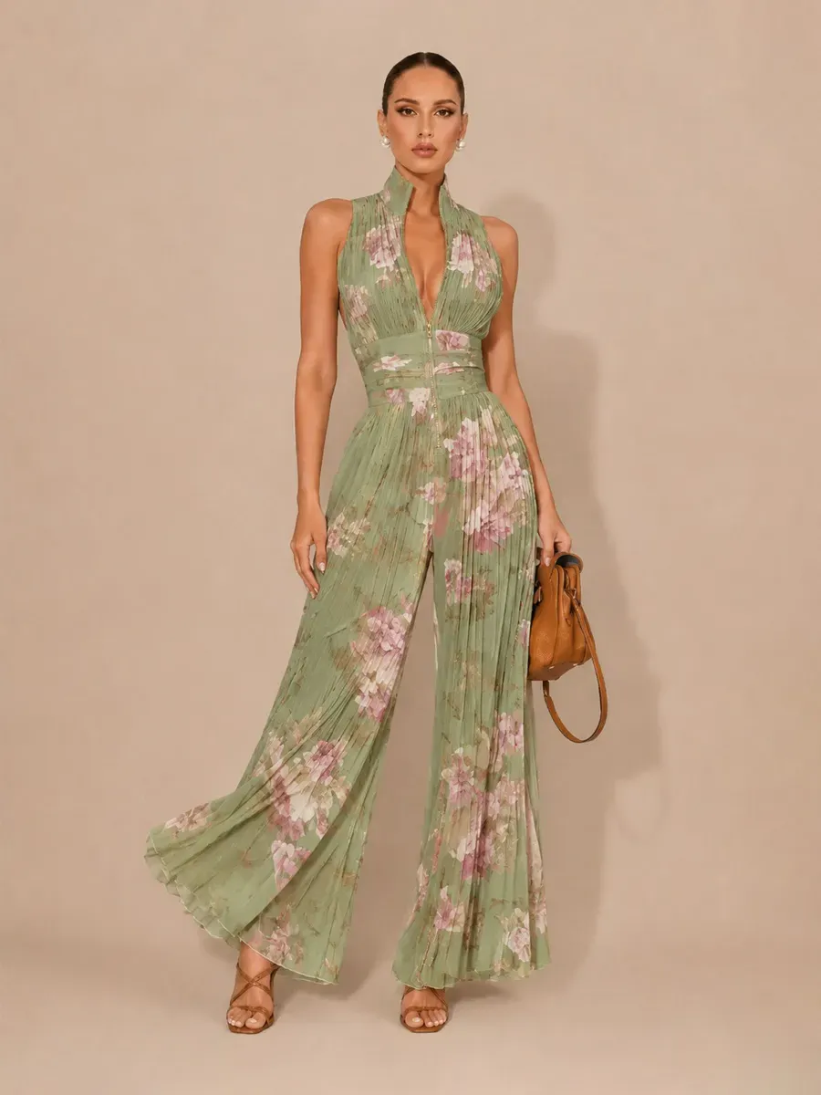 Ophelia Sleeveless Pleated Zip-Front Jumpsuit