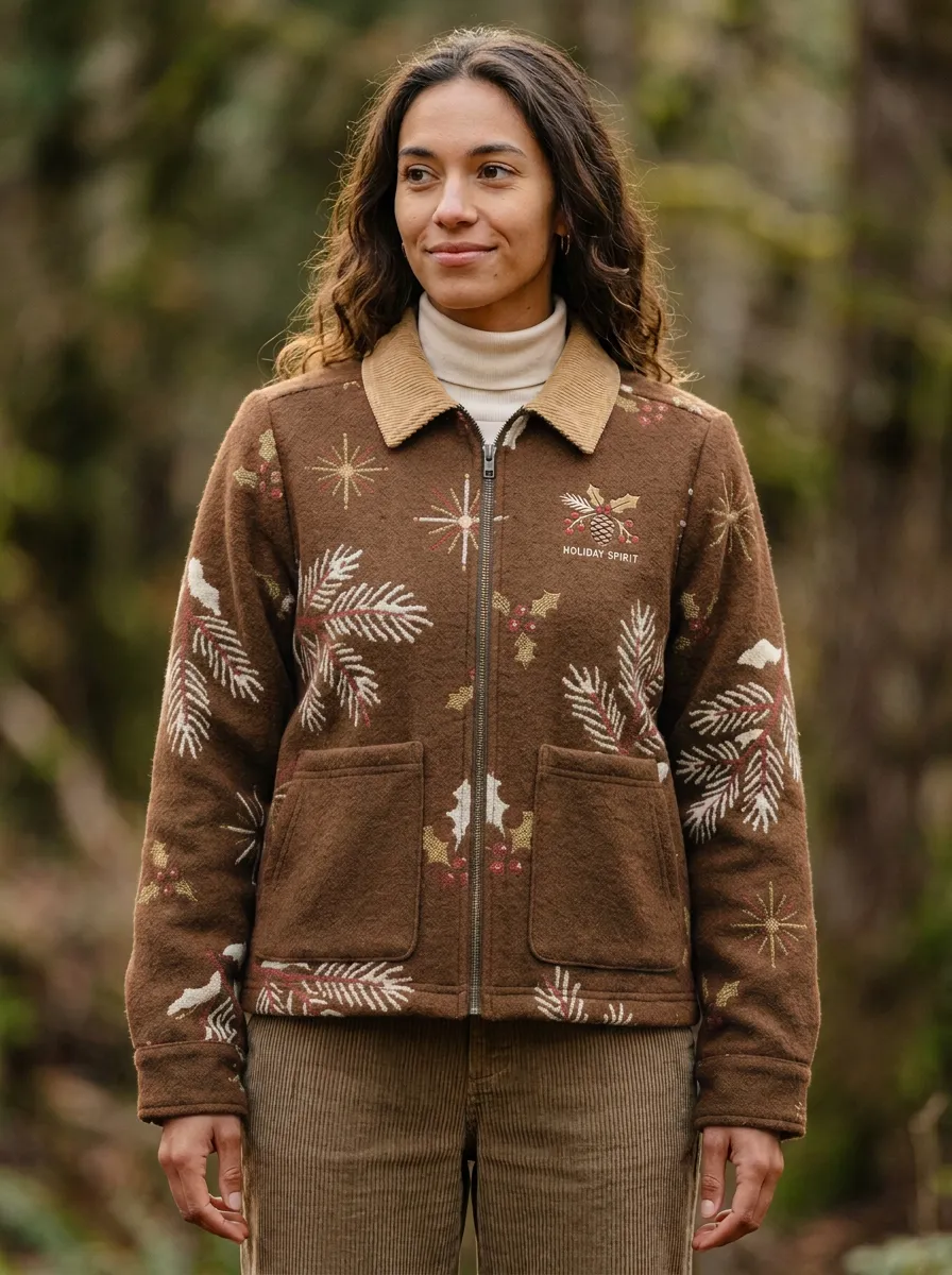 Christmas Holiday Spirit Pine Holly Print Jacket
