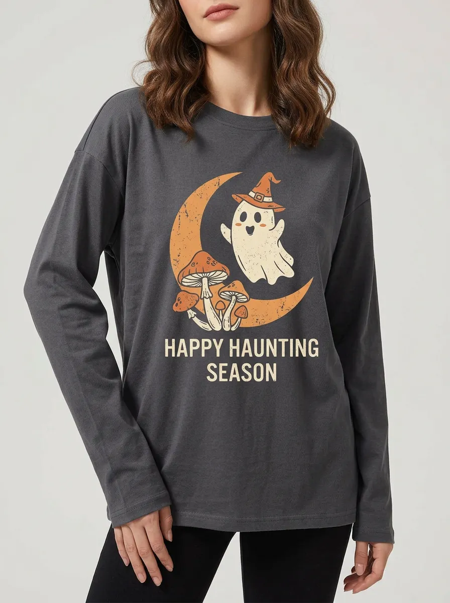 Women's Halloween Ghost Mushroom Moon Printed Long Sleeve T-shirt