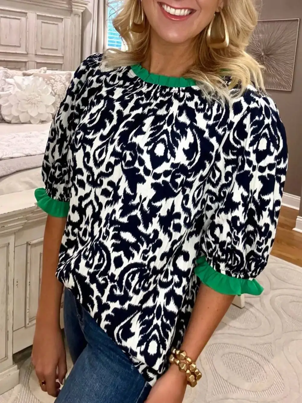 Damask Print Ruffled Block Detail Half Sleeve