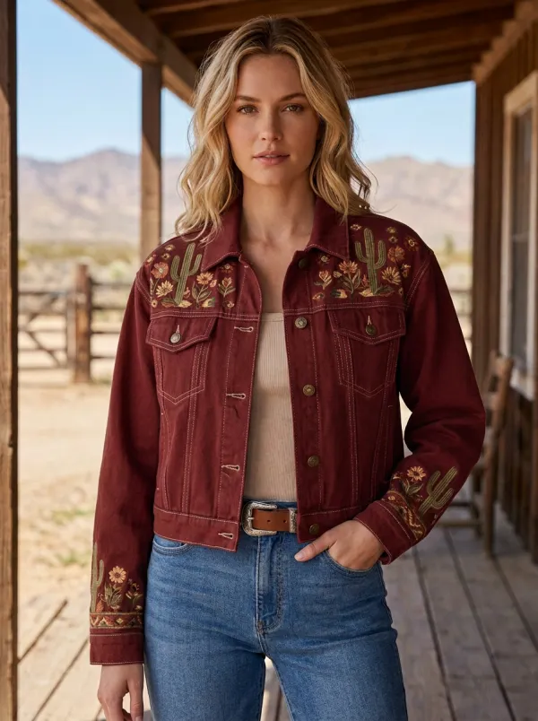 Women's Heritage Inspired Western Cactus Desert Floral Embroidery Floral Embroidered Denim Jacket