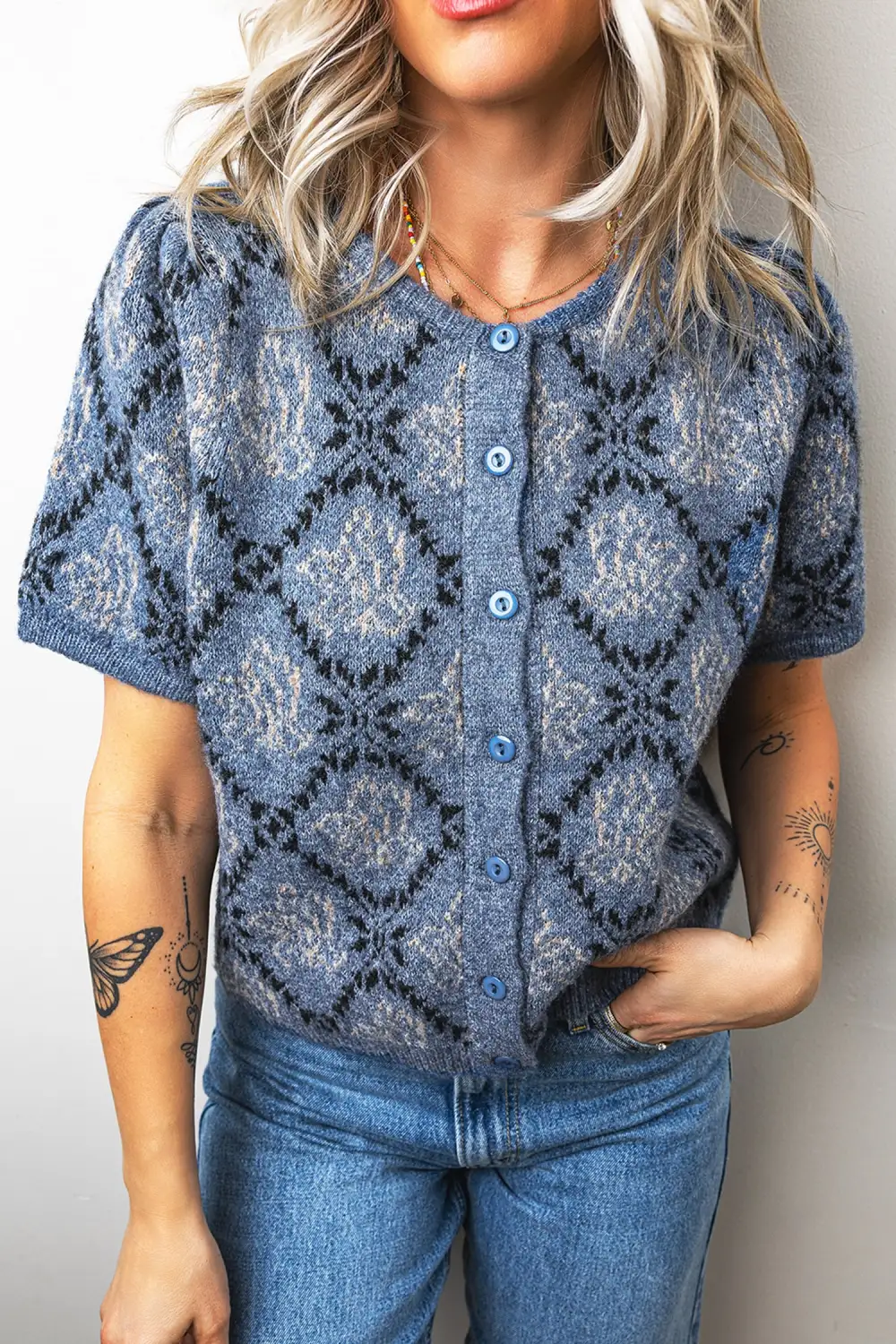 Button-Front Round-Neck Short-Sleeve Knit Cardigan