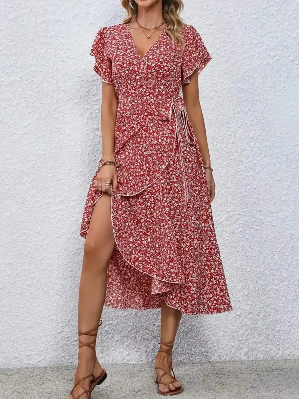 Ruffle Hem Wrap Midi Dress