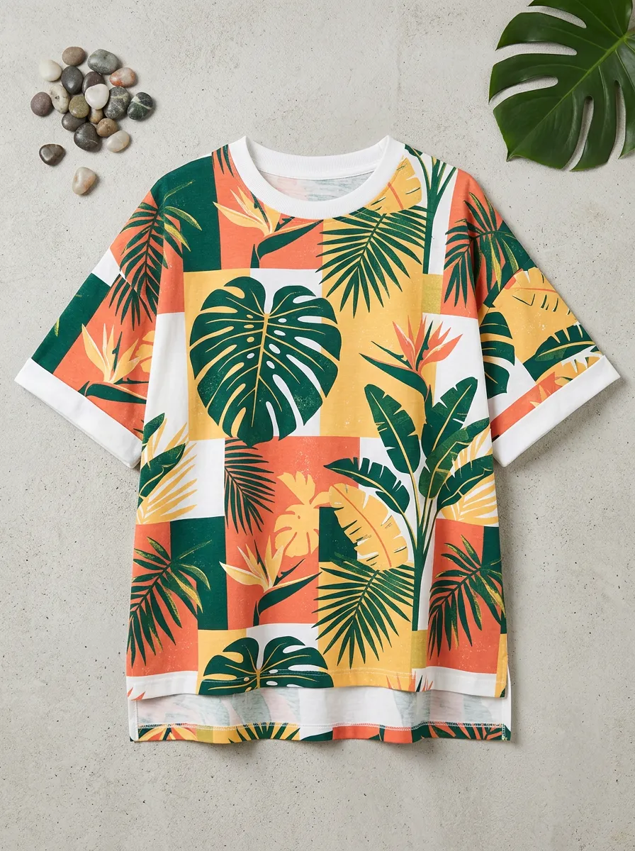 Women's Multi-Color Tropical Print Oversized T-Shirt