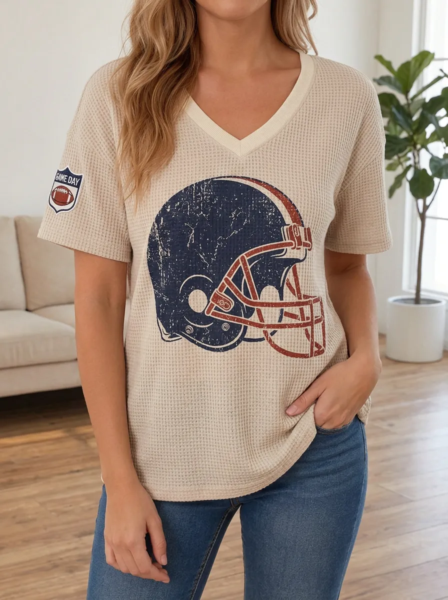 Women's Stadium Football Game Day Helmet Printed Waffle Knit Top
