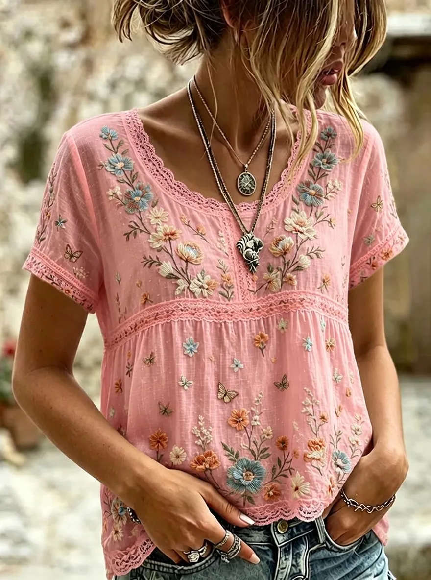 Women's Boho Floral Butterfly Embroidered Printed T-shirt