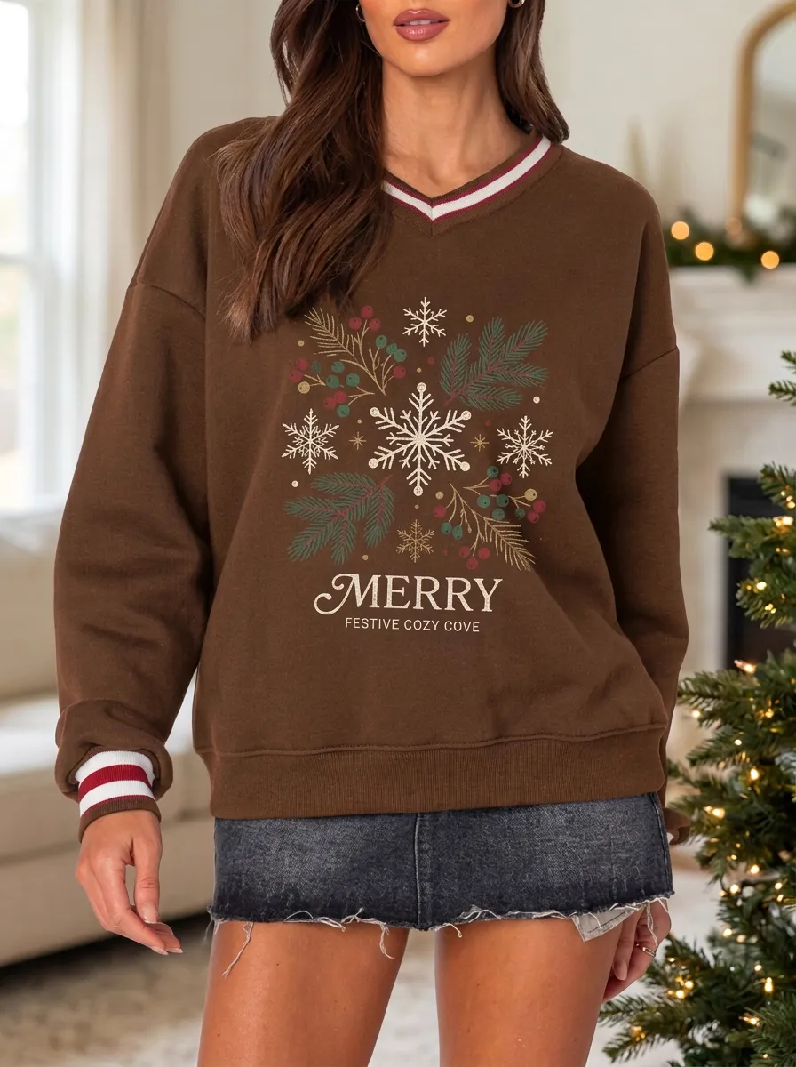 Christmas Snowflake Pine Berry Print Sweatshirt