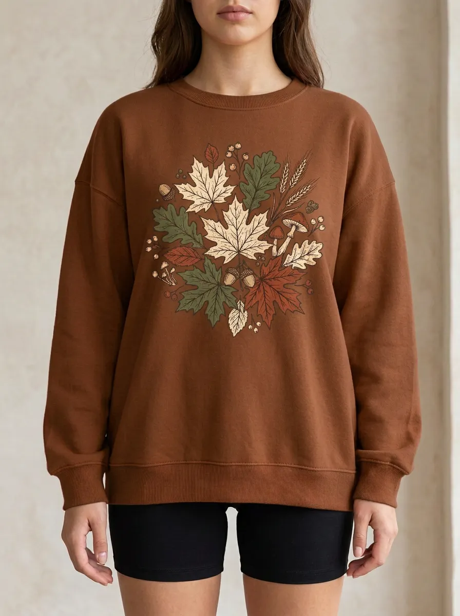 Maple-Leaf Printed Mushroom Graphic Sweatshirt