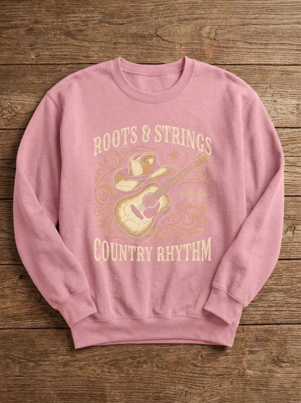 Western Music Cowboy Hat Guitar Illustration Crewneck Sweatshirt