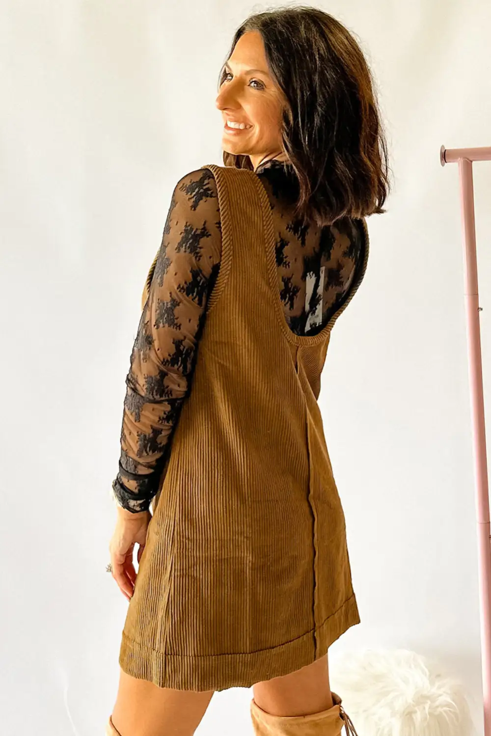 Corduroy Sleeveless Mini Dress With Patched Pockets Classic