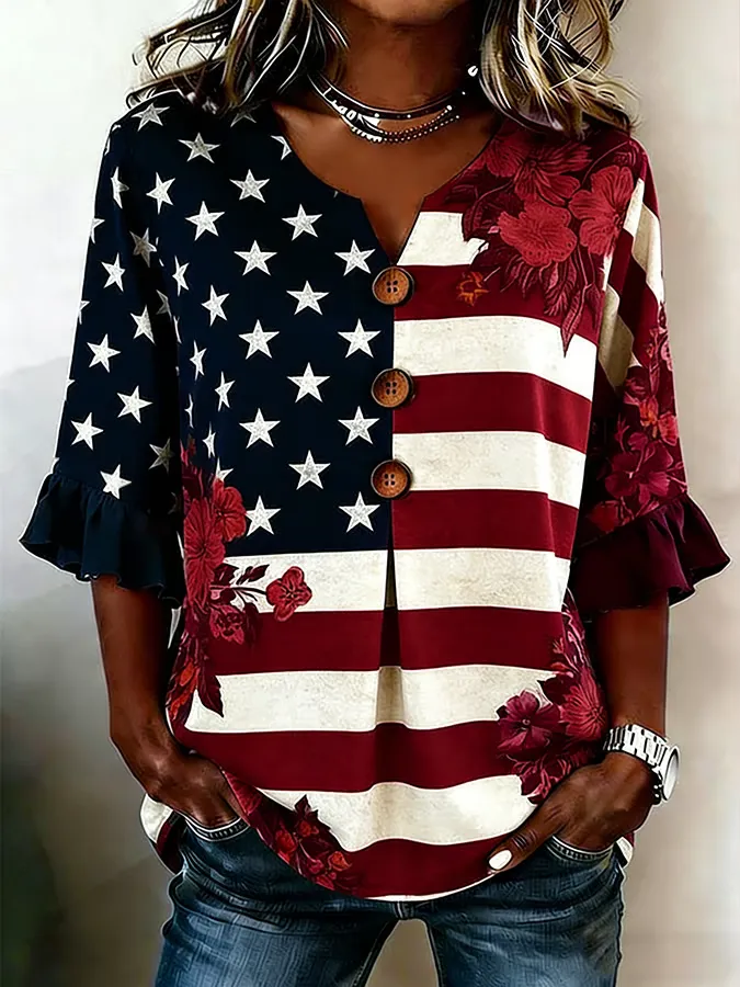 Women's USA V Collar Half Sleeve Printed Regular Micro Elastic Regular Shirt